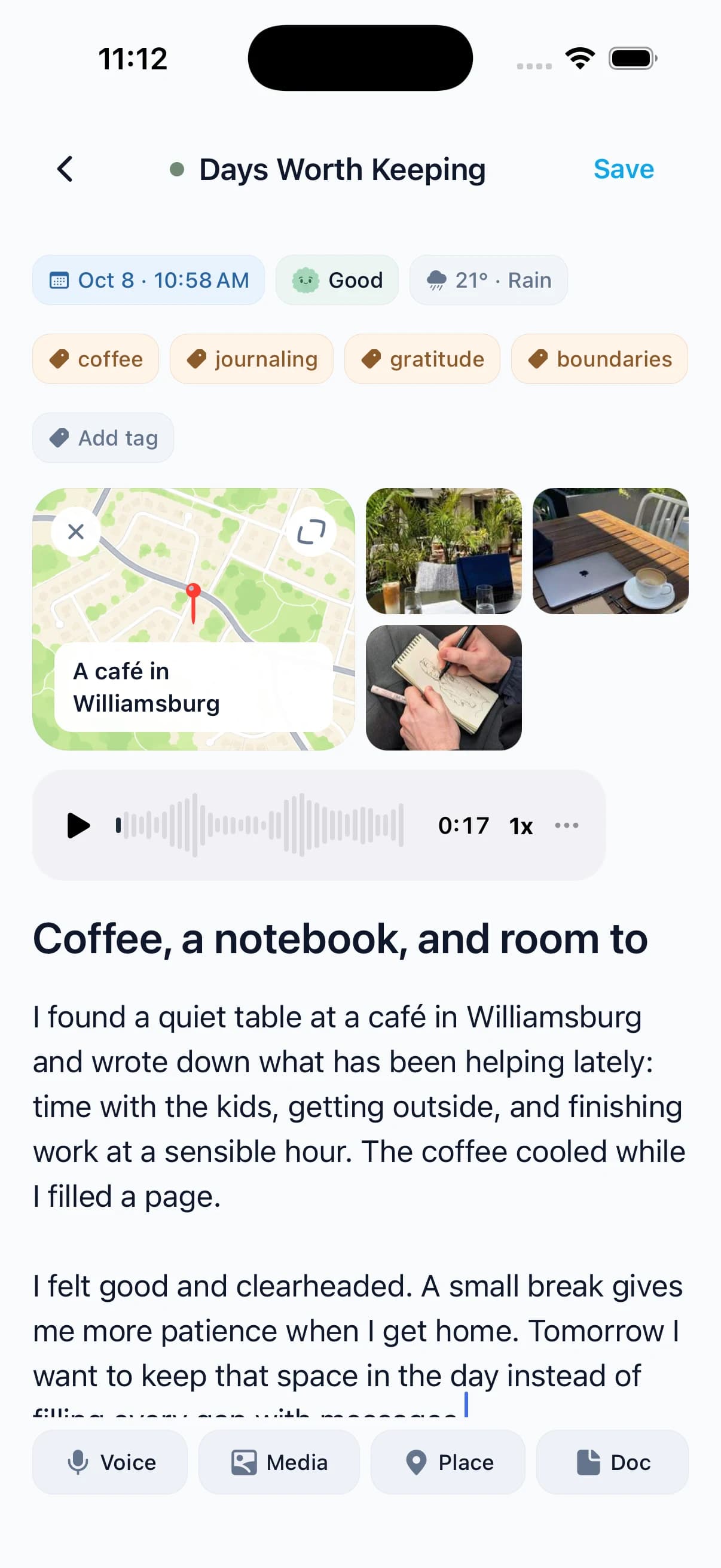 A real Jourlo journal entry with writing, photos, and a voice note