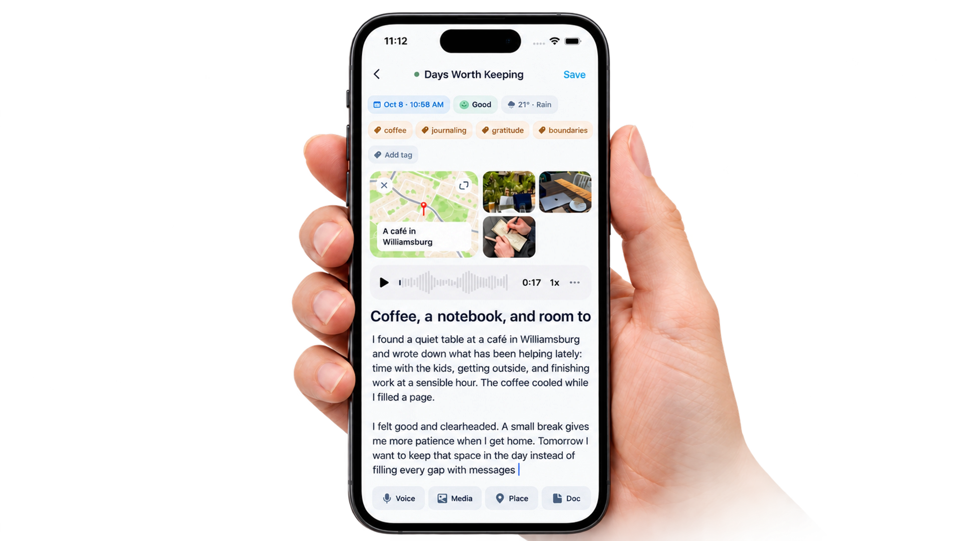 A hand holding an iPhone with a Jourlo journal entry, photos, and a voice note