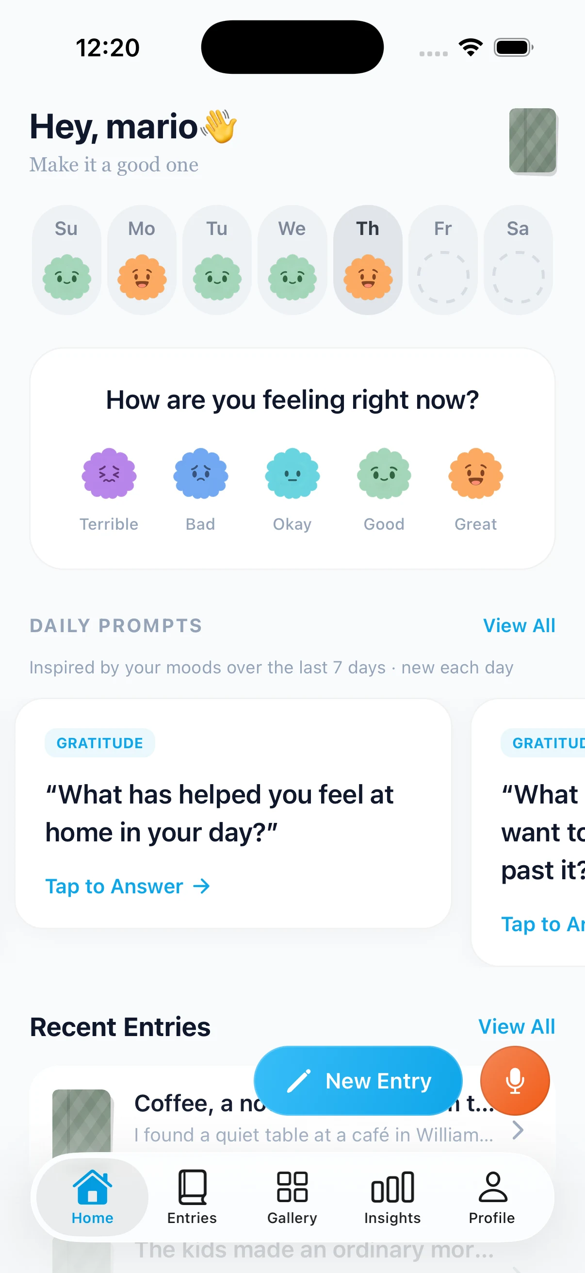 Jourlo home screen with mood check-ins and personal writing prompts