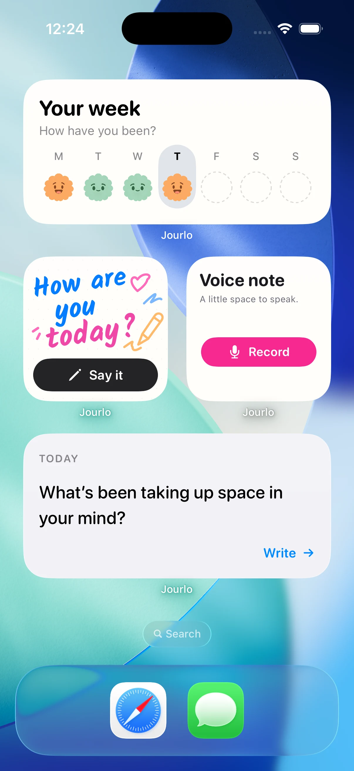 Real Jourlo home-screen widgets for weekly moods, voice notes, and daily prompts