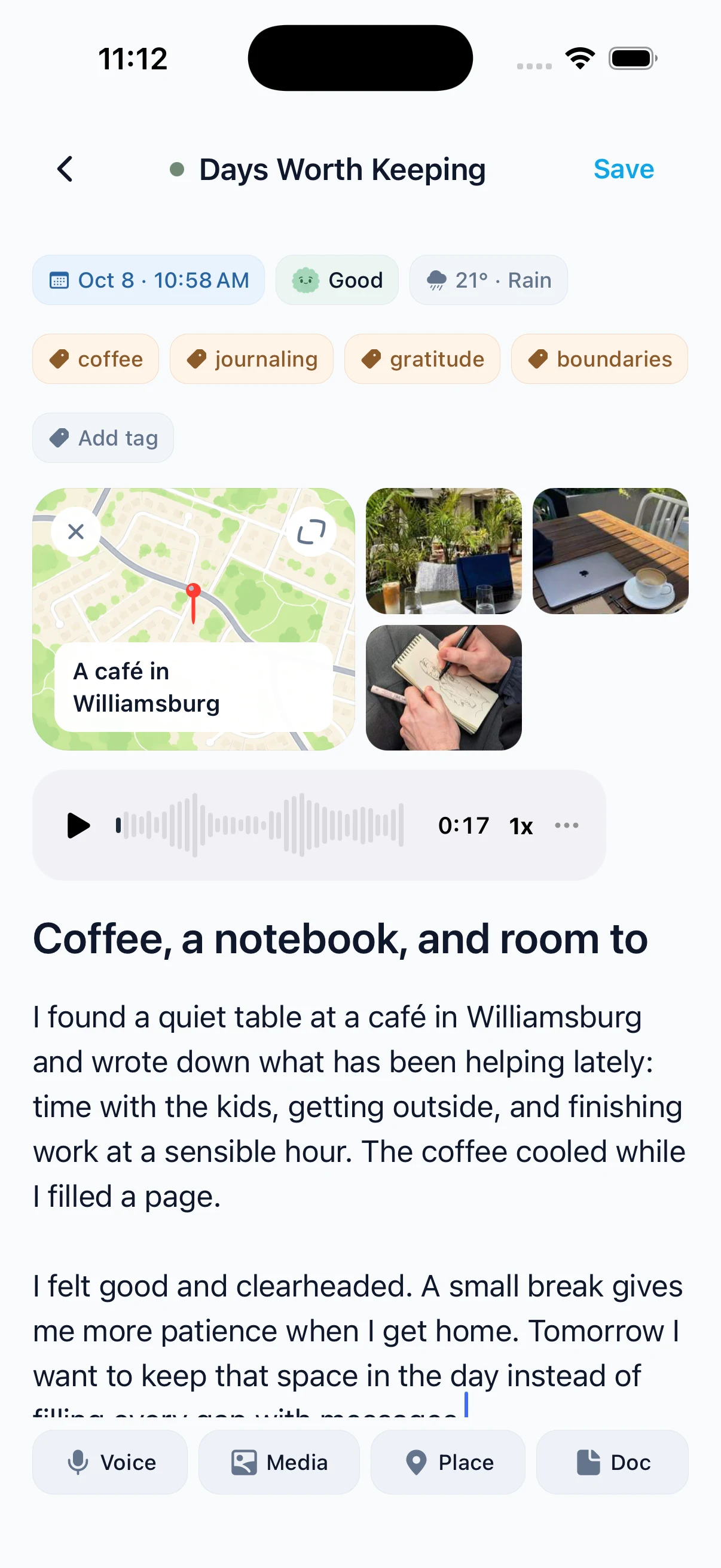 A real Jourlo entry combining writing, photos, a place, and a voice note